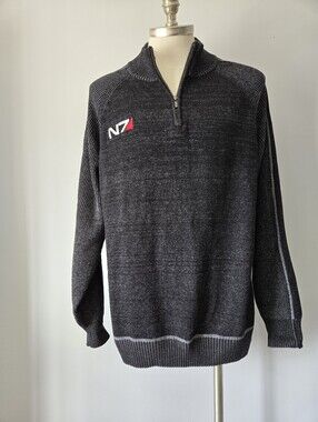 Bioware Mass Effect N7 Embroidered Quarter-Zip cotton Sweater - Charcoal. 2XL